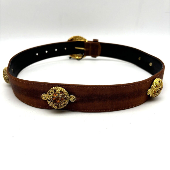 NEW Vintage 80s Cipriani 0179 Brown Satin Gold Filigree Gemstone Waist Belt M 30 main image 8